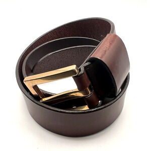 Vintage RITZ Brown Leather Belt Sz M 30" Unique Sq Brass Buckle 1.5” Wide